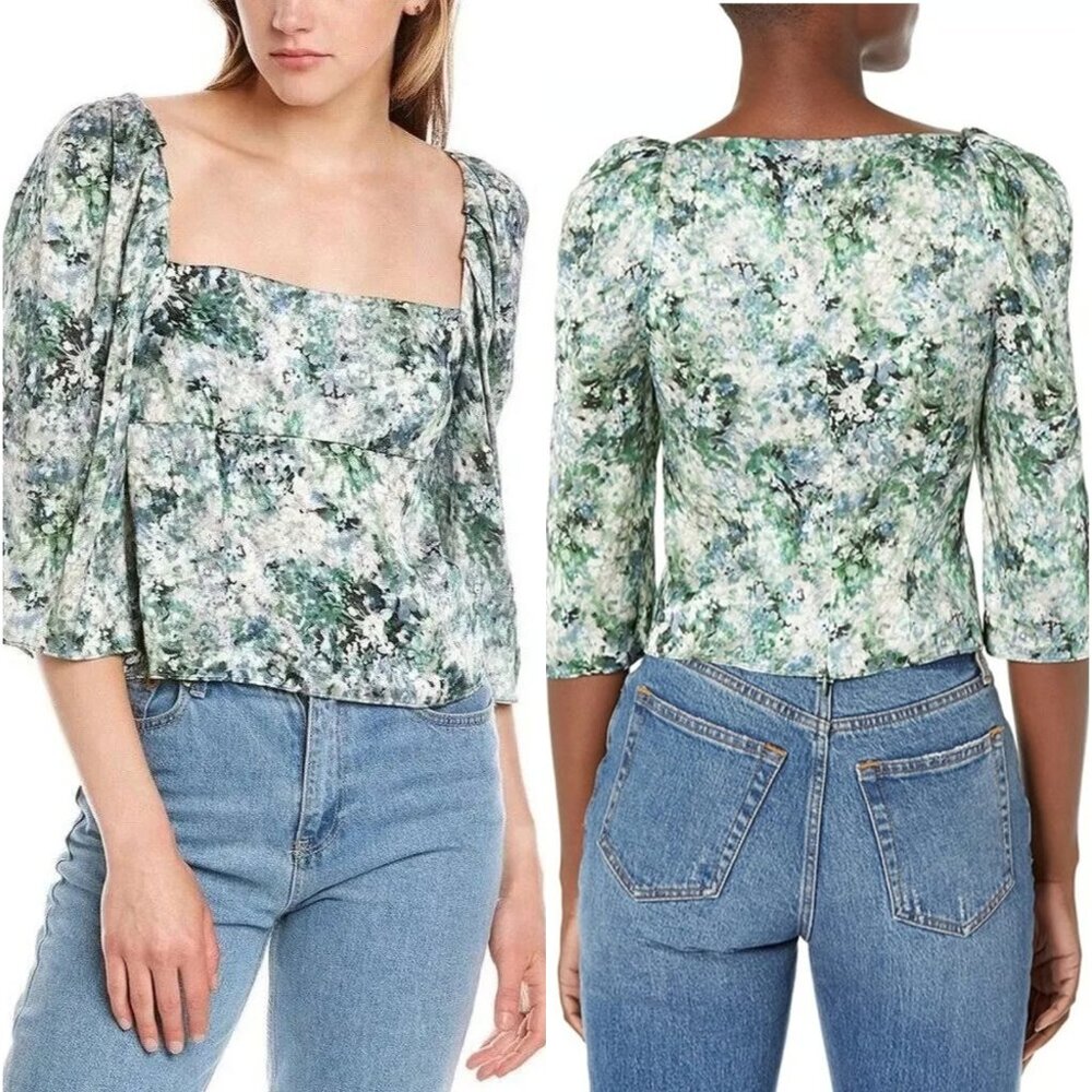 VINCE Square Neck Floral Satin Puff Sleeve Blouse Size 8